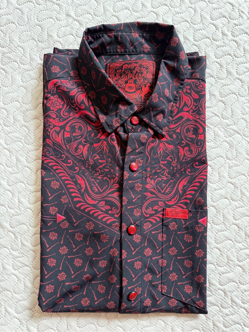 Retro Rifle Men's Medium Black & Red Patterned Dress Shirt